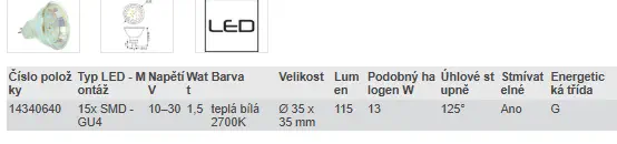 LED GU4 / GU5.3 - TEPLÁ BÍLÁ 2700K (13 W) 10-30 V