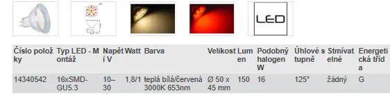 LED GU4 / GU5.3 - TEPLÁ BÍLÁ/ČERVENÁ 3000K  653nm (16 W)