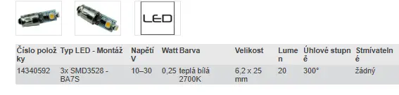 LED BA7S - TEPLÁ BÍLÁ 2700K