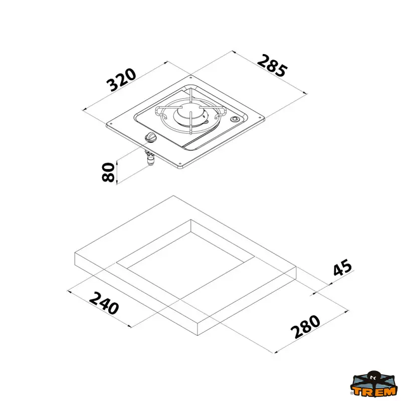 Vestavná plynová varná deska z nerezové oceli s 1 hořákem